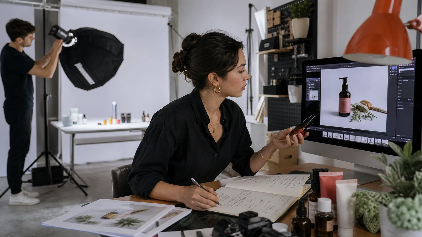 Illustrative ecommerce content strategist reviewing product photography for A+ Content design